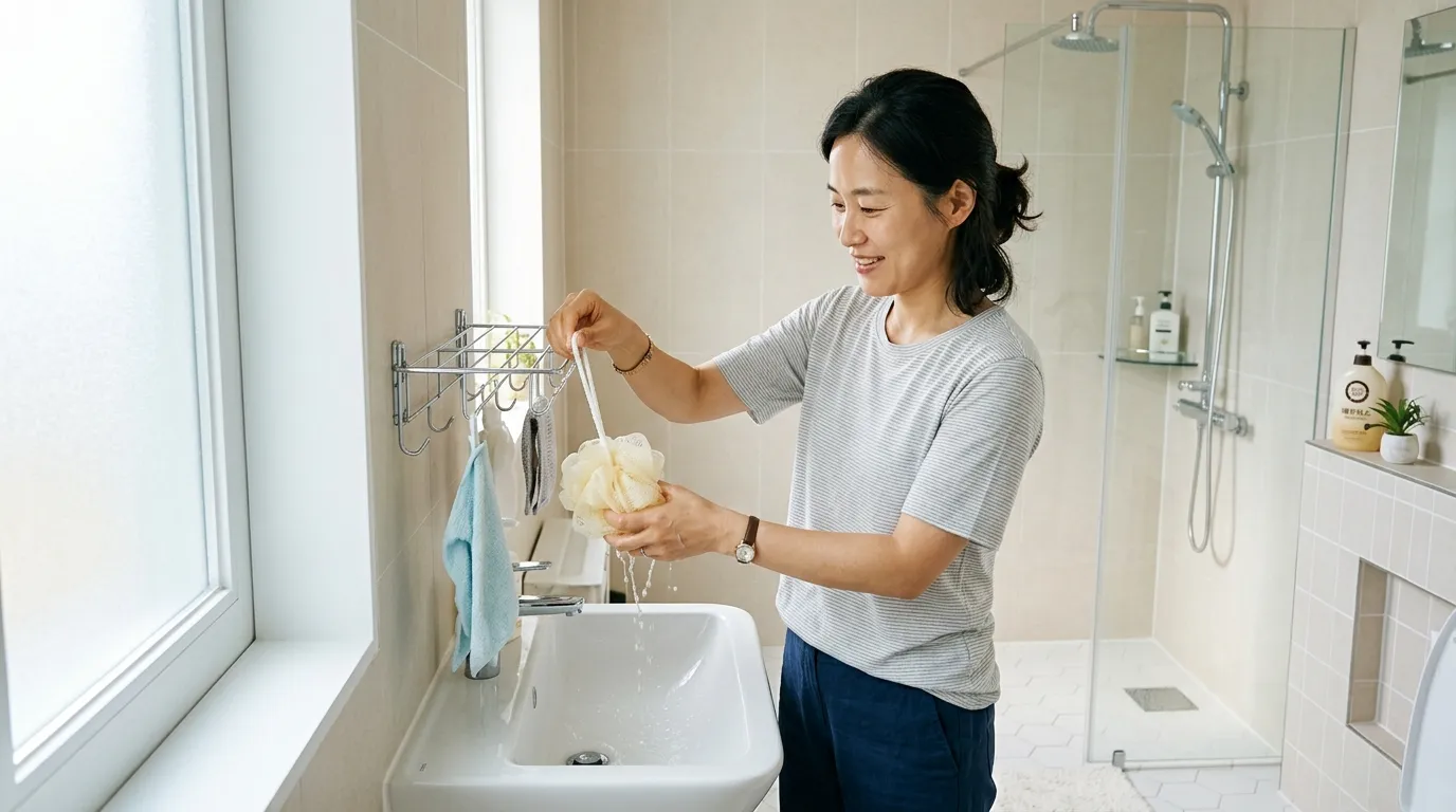 샤워볼 물기 제거 후 건조하는 일상 장면