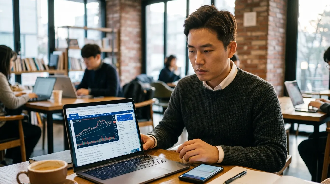 한국인 직장인이 기준금리 결정 뉴스를 확인하는 모습