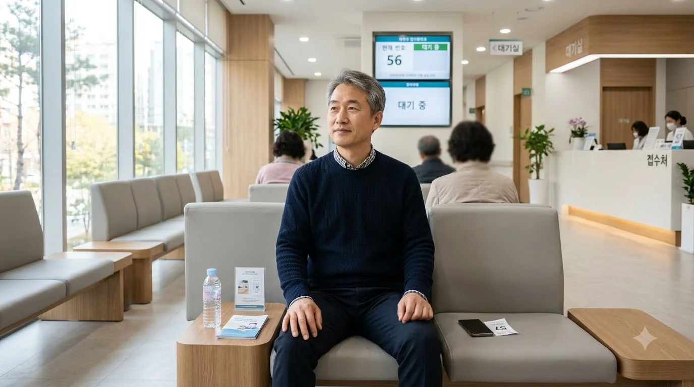 50대 남성이 병원 대기실에서 진료를 기다리는 라이프스타일 장면