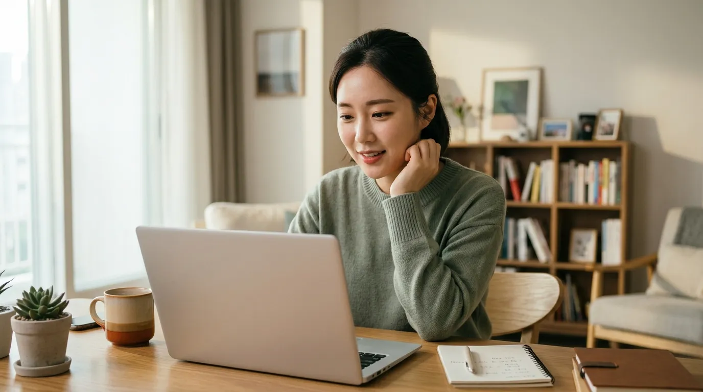 20대 여성이 집에서 연금저축 계좌를 개설하는 라이프스타일 장면