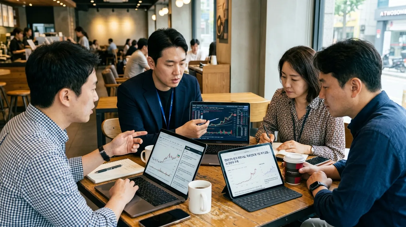 한국인 직장인들이 엔비디아 방한 관련 기업 협력을 분석하는 모습