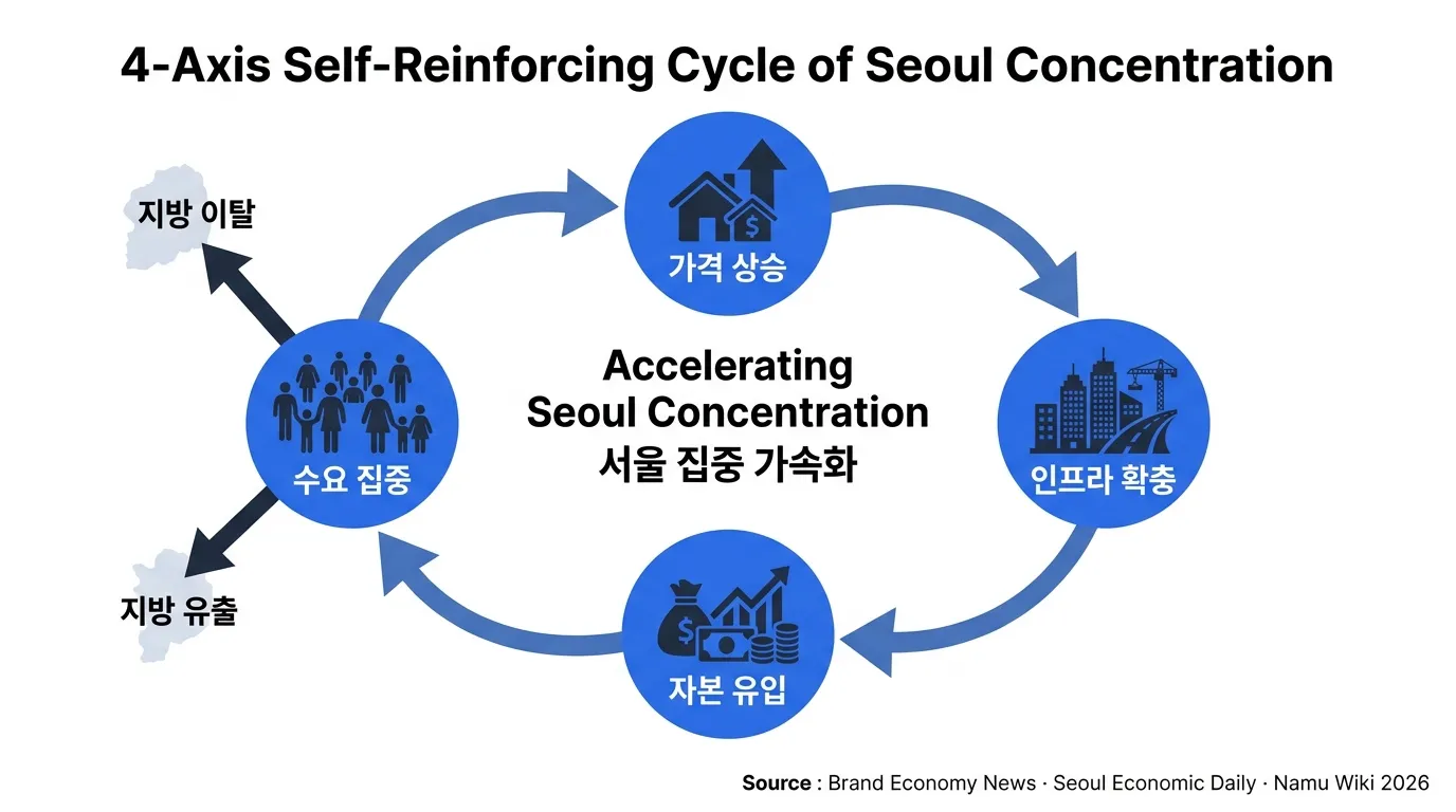 서울 쏠림 4개 축 자기 강화 순환 메커니즘 다이어그램