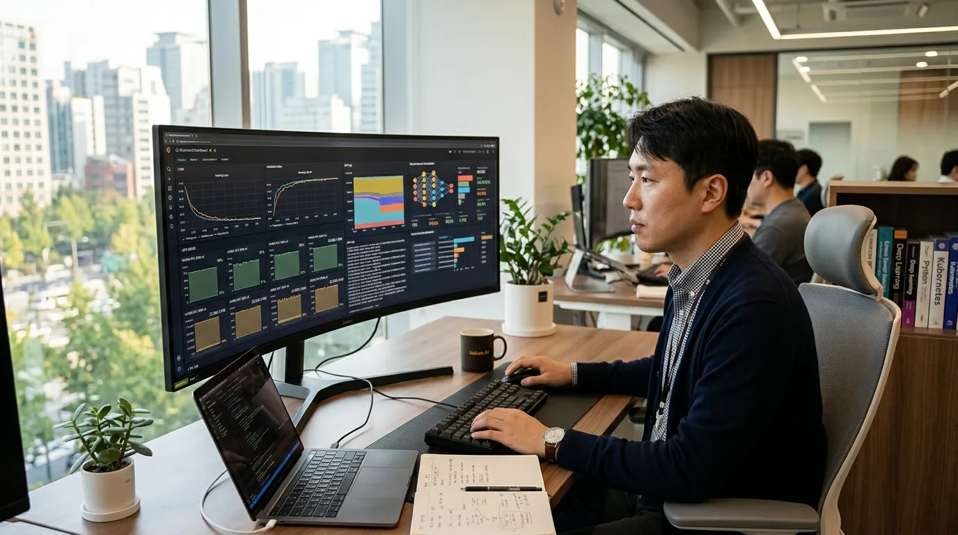 한국인 AI 개발자가 데이터센터 GPU 사용률 대시보드를 분석하는 모습