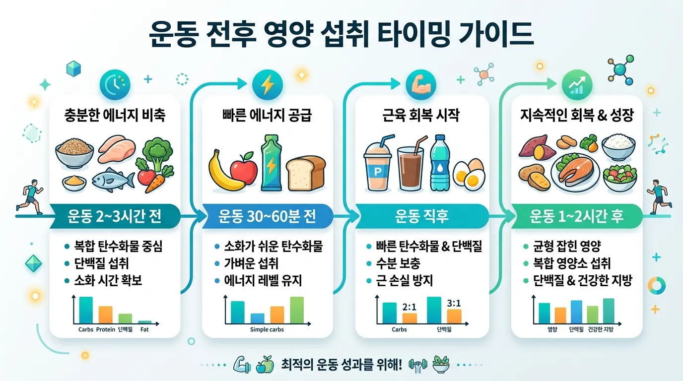 운동 전후 영양 타이밍 인포그래픽
