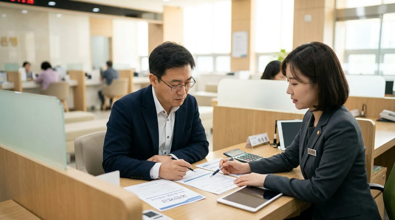 직장인이 연금저축 중도인출 조건을 금융기관에서 상담하는 장면