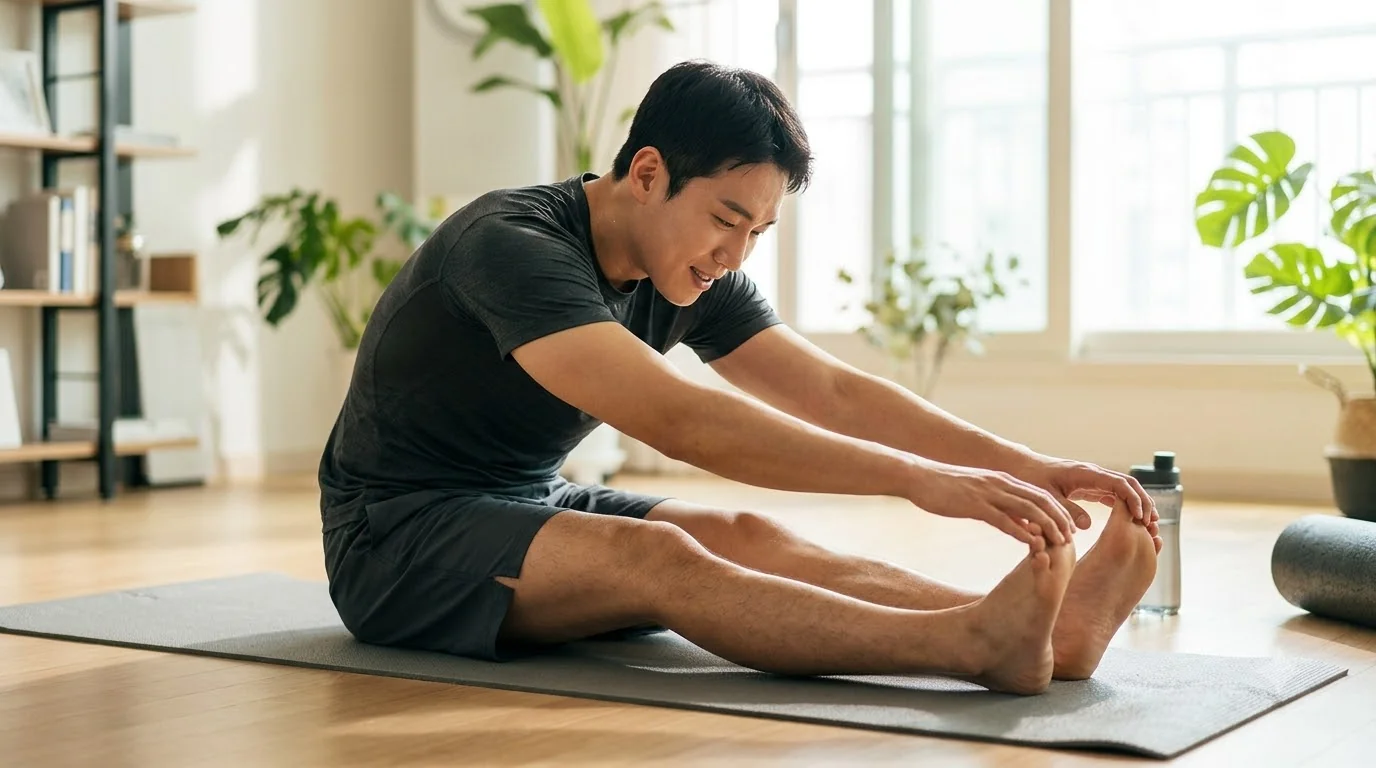 운동 후 스트레칭으로 회복하는 한국인 남성