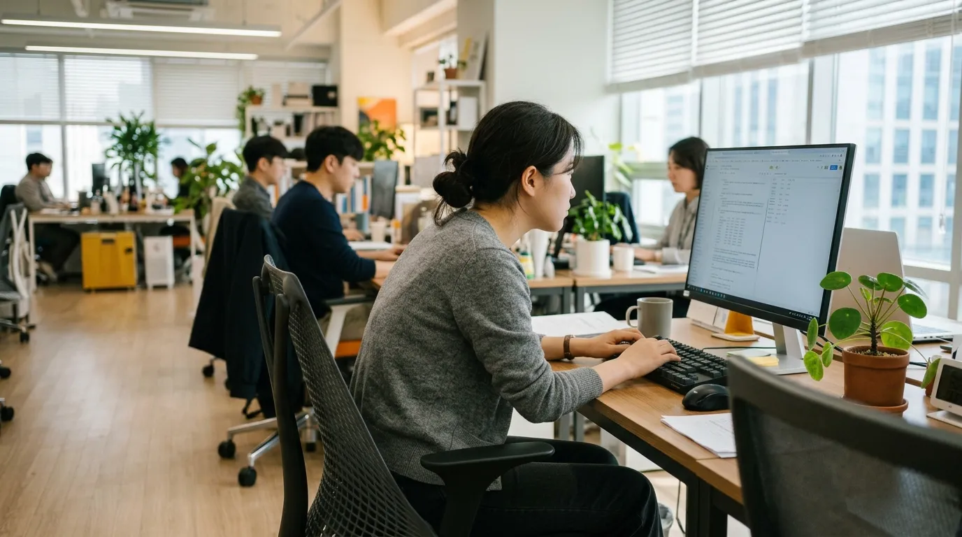 사무실에서 구부정한 자세의 한국인 직장인