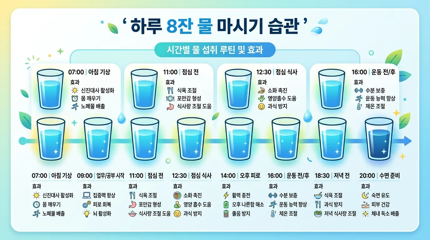 하루 물 마시는 시간대별 루틴 인포그래픽